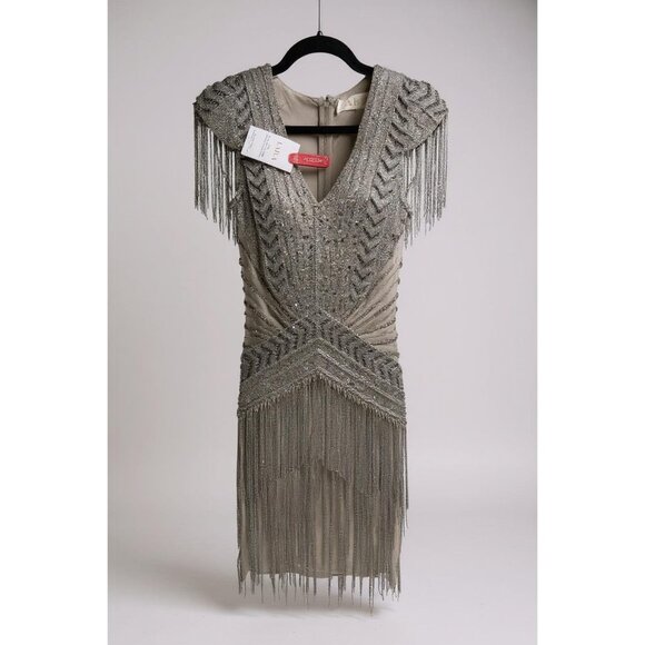 NWT Lara Silver Fringe Beaded Mini Cocktail Dress Short Sleeve V-Neck Size 2 - Picture 4 of 11